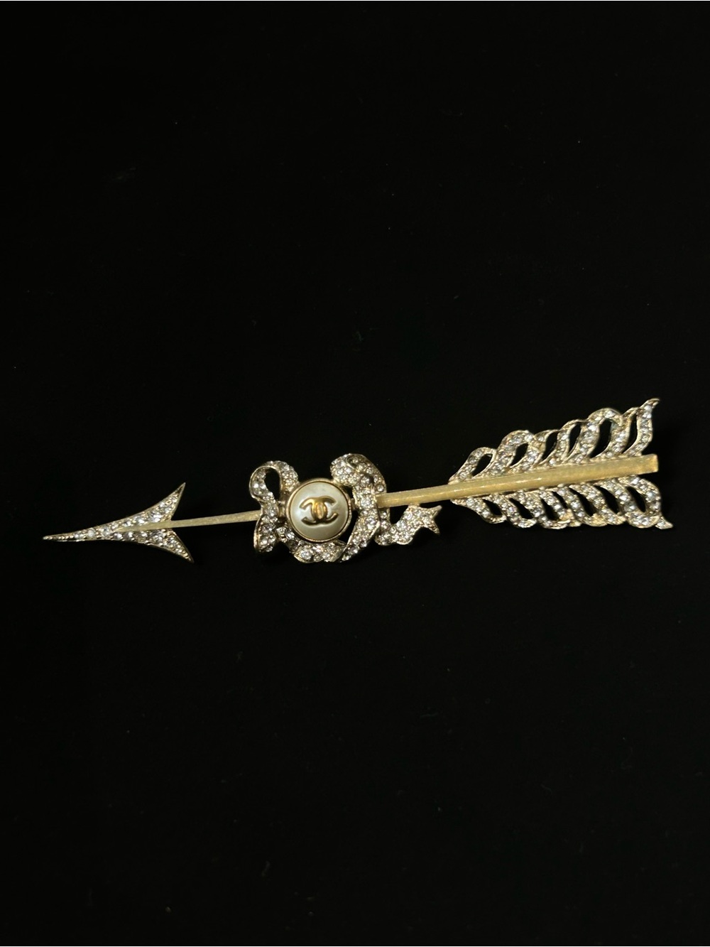 CHANEL Gold and Pearl Crystal Arrow Brooch